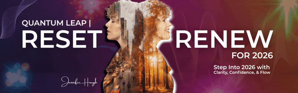 Banner image for Quantum Leap | Reset & Renew for 2026 with Jennifer Hough, featuring two mirrored silhouettes blending city and forest imagery, symbolizing transition and transformation.