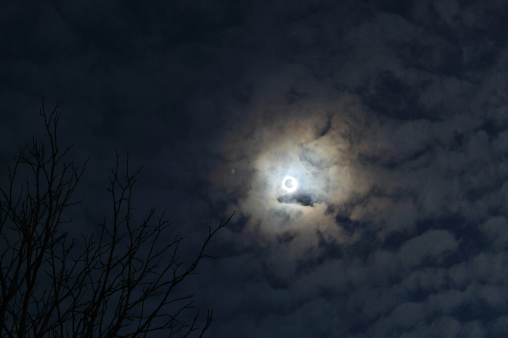 Full moon glowing through night clouds behind bare branches